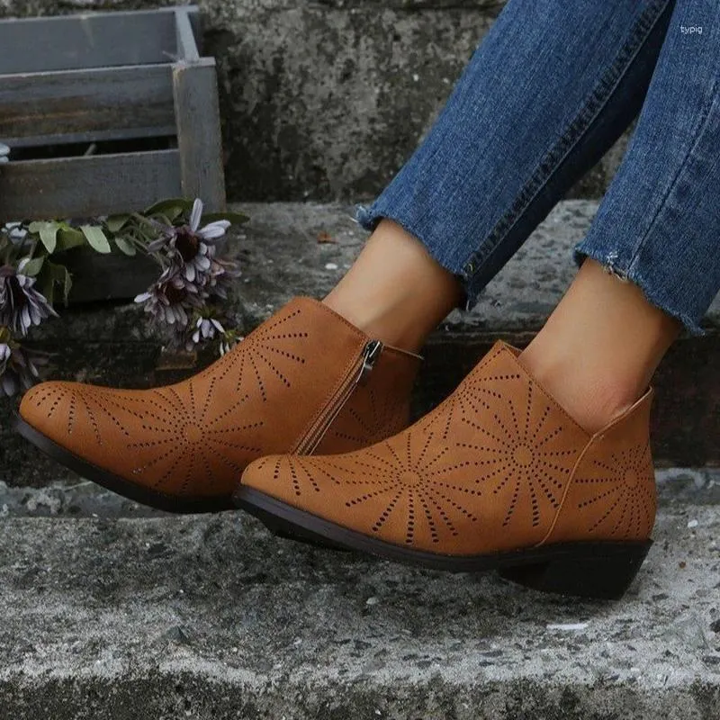 Casual Shoes Women s Boots 2024 Autumn And Winter Of Women Fashion Brown Zip Low heeled Round Head Bare Rome Style