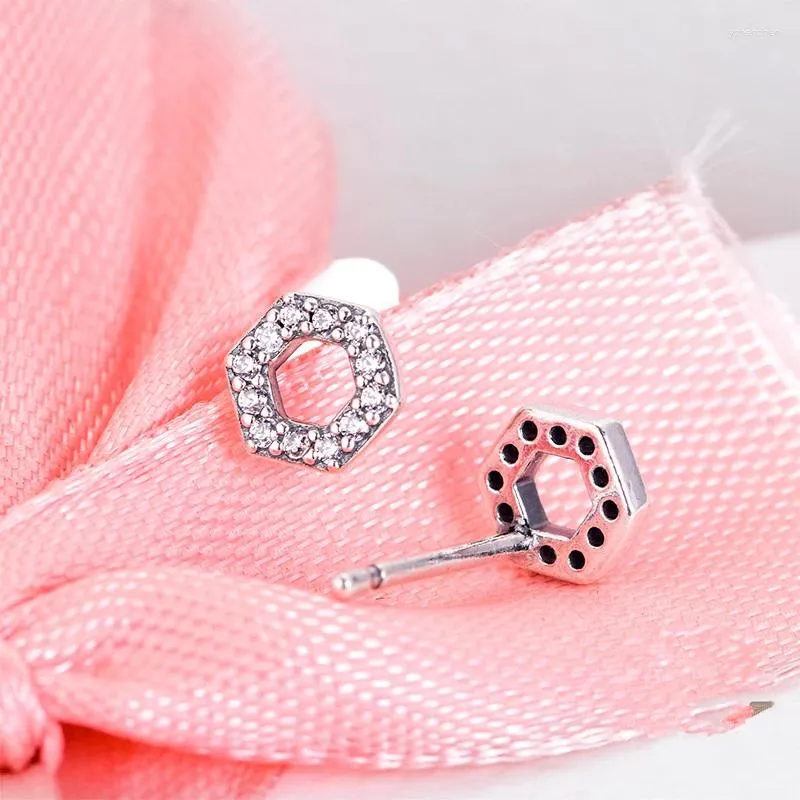 Stud Earrings Sparkling Honeycomb Hexagon Clear CZ Sterling Silver Jewelry For Women Luminous Brincos Oorbellen Pendientes