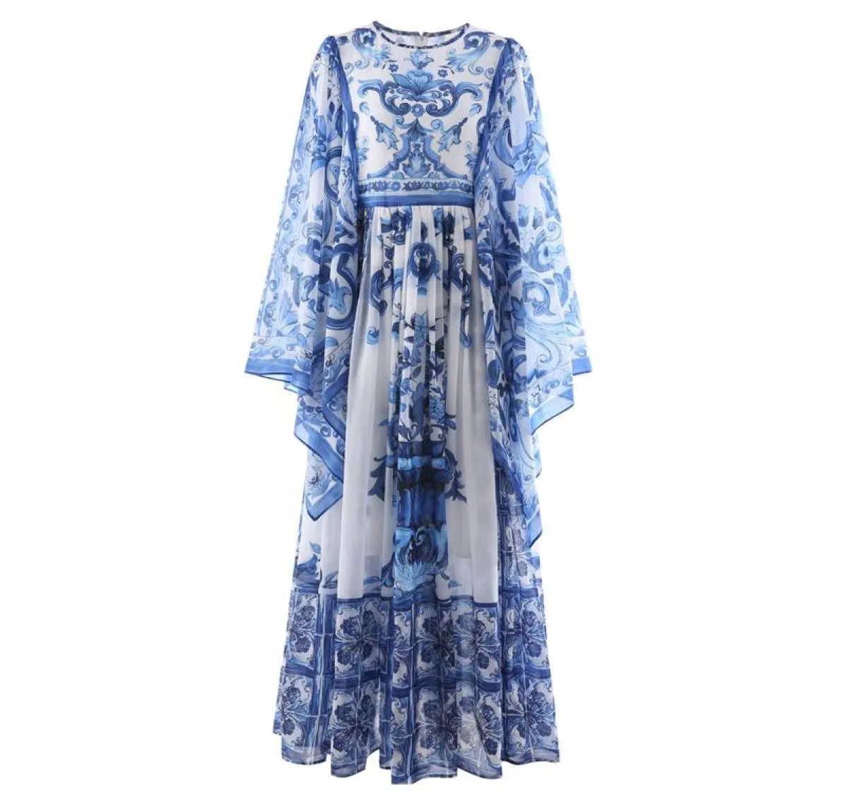 Robes décontractées Qian Han Zi Designer Fashion Rison Summer Summer Long Robe Fomen Bat Sleeve Blue and White Porcelain Printing vocati5520459