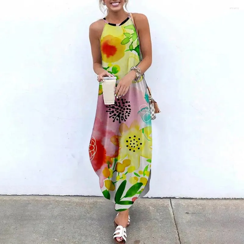 Floral Printed Maxi Dress for Women, Long and White with Green Leaves