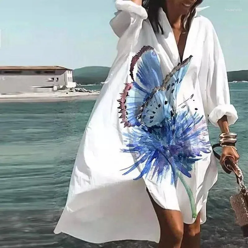 Casual Dresses Women's Retro Print Loose Fashion Dress Style 3/4 Sleeve Shirt V Neck Seaside Beach Party