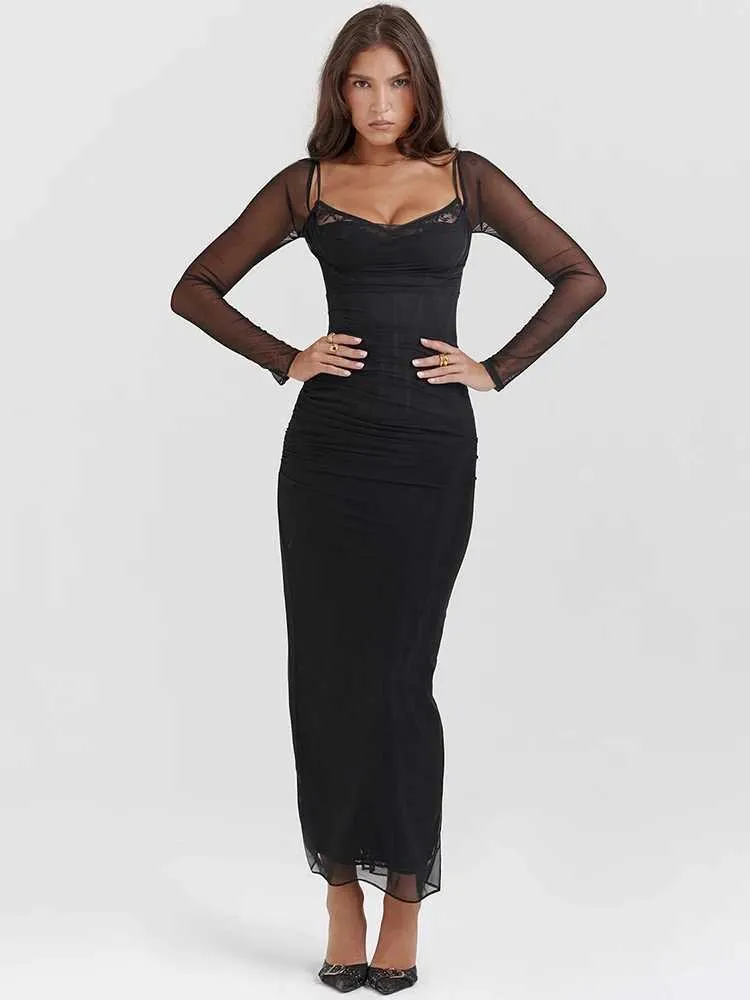 knee length dresses for ladies Kaitlin One Shoulder Slinky and Mesh Maxi Dress / Black | Meshki main image 0