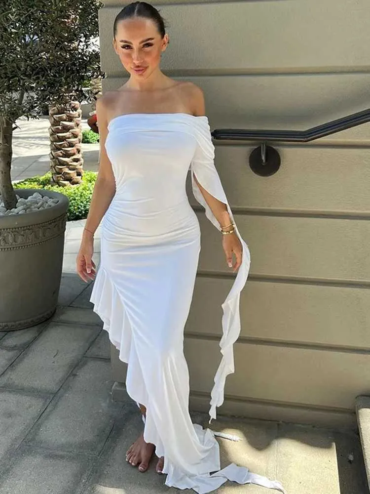 chinese dress ladies Deanna One-Shoulder Ruffle Maxi Dress White