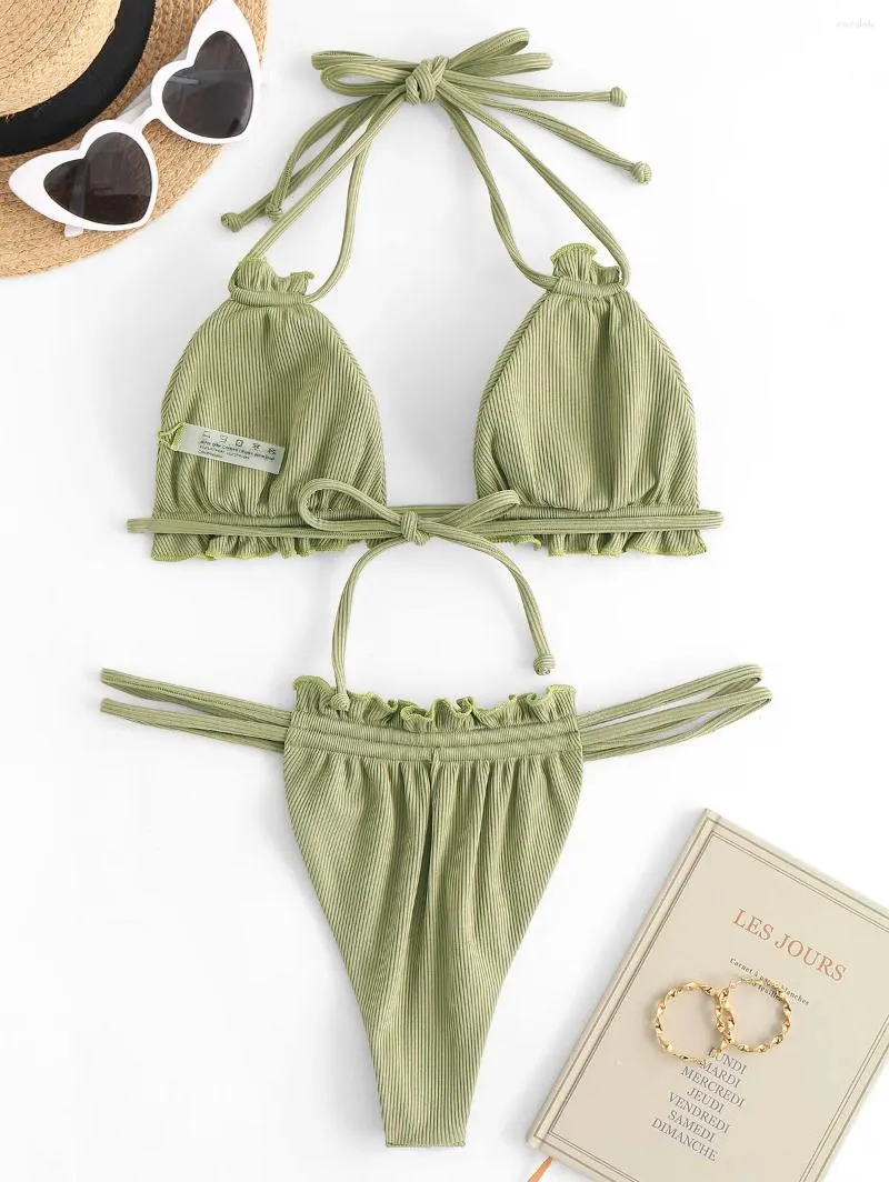 DHgate Ribbed Ruffle Loincloth Bikini Sexy Swimsuit for Beach Pool Apparel