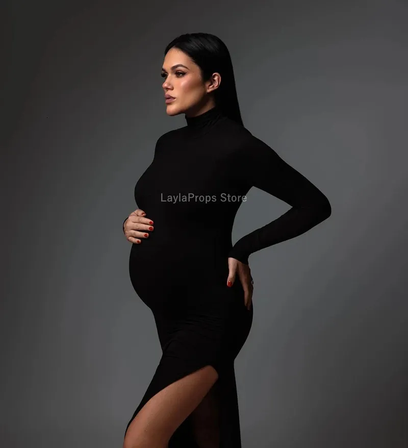 Stylish Maternity long Black turtleneck dress with Thigh-High Slit - Perfect for Photography and Casual Wear (240507)