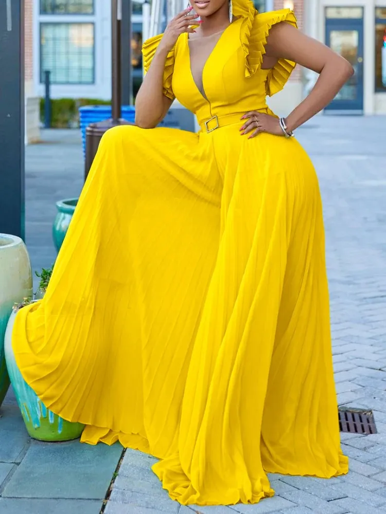Pleated V-Neck Ruffles Women's Yellow Jumpsuit for Elegant Summer Style