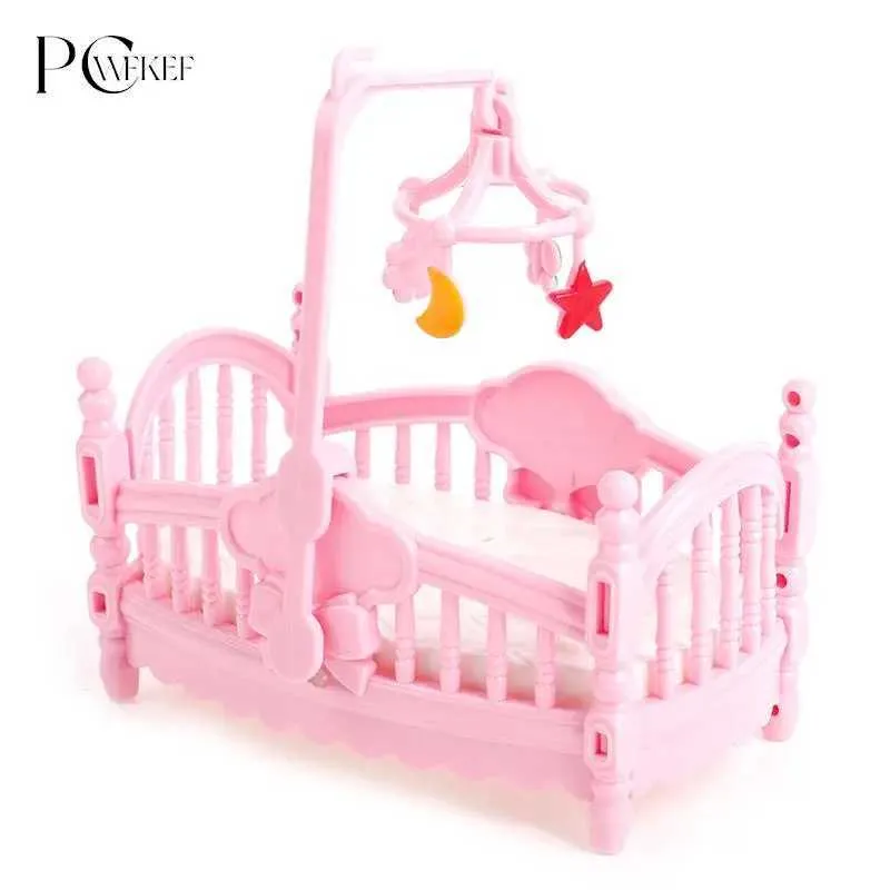 White ABS Doll Crib Miniature Bed - Dollhouse Nursery Furniture With Accessories For Kids Role Play