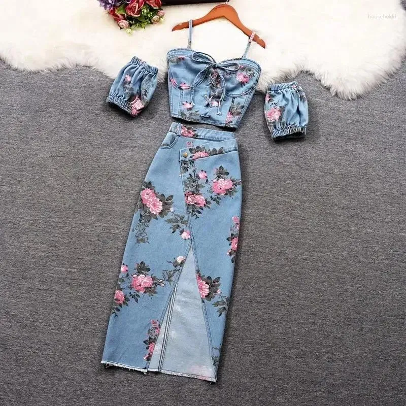 Work Dresses Summer Women Sexy Internet Celebrity Sweet And Spicy Floral Suit Skirt Knotted Short Sling High Waist Slit Mid