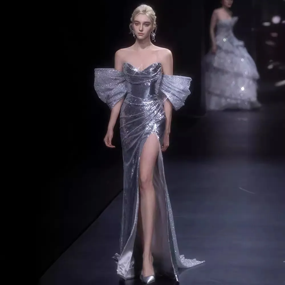 silver sequin mother of the bride dress Stella Couture 22062 Long Formal Beaded Mother of the Bride Dress