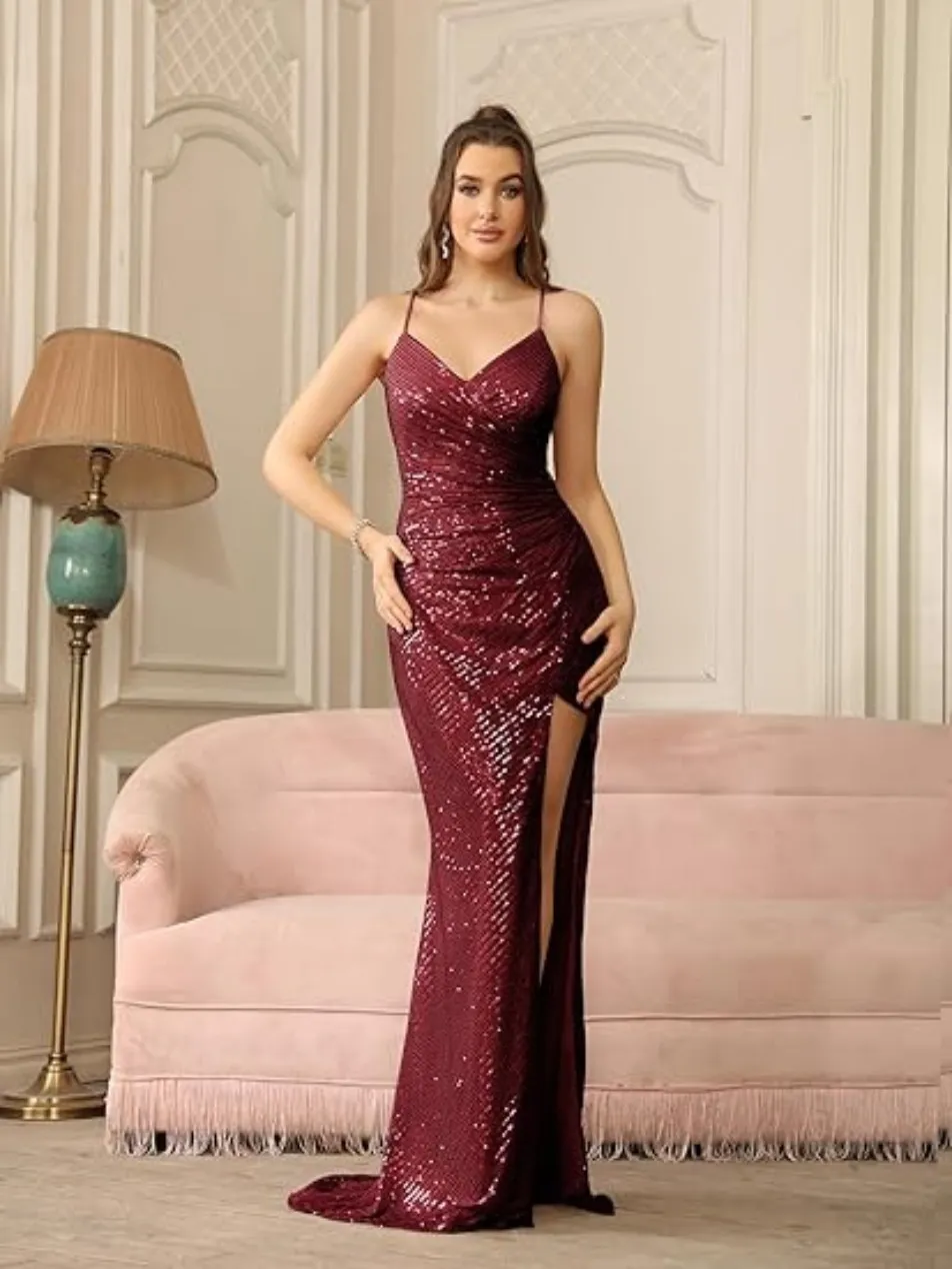 burgundy sequin prom dress Burgundy Sequins Long Prom Dress, Mermaid Backless Evening Formal Dress Custom Size / Custom Color main image 1