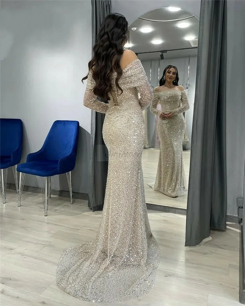 Champagne Mermaid Prom Dress Off Shoulder Sequined Beading Pearls  Floor-Length Evening Gown Autumn Winter from Dhgate Prom Dresses - price  135.68