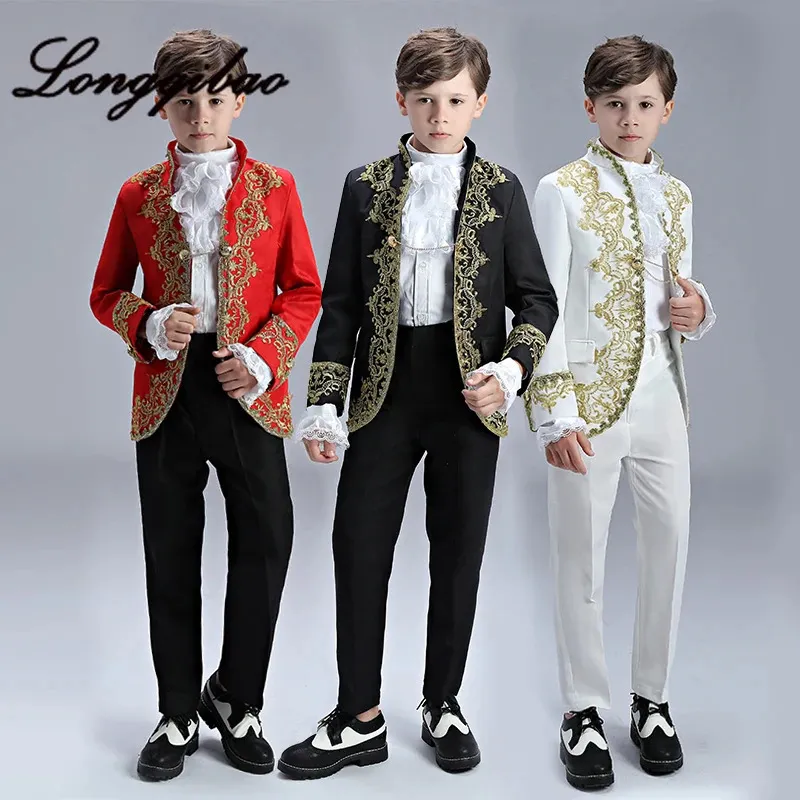 Boys European Style Court Drama Costume Children Golden Flower Stage Prince Charming Performance Clothing Set Kids Blazer Pants 240506