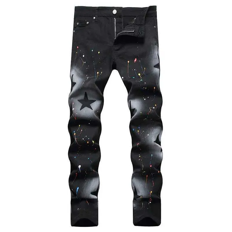 Black Spray Paint Slim Straight Jeans: High-Quality Denim for Men