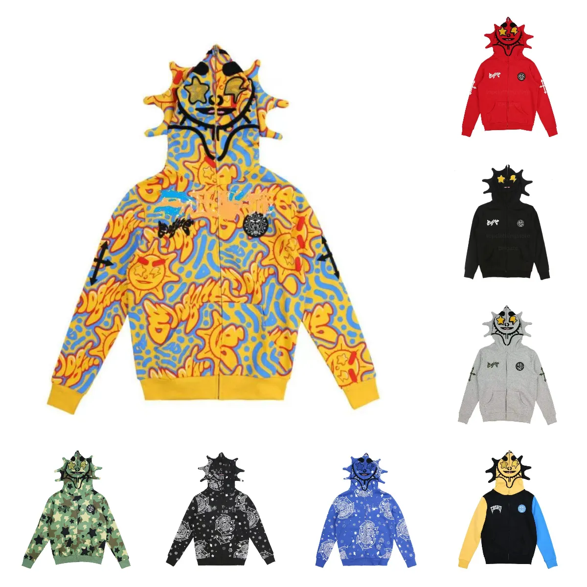 replica グラフィックパーカー イエロー Y2K Designer Yellow Zip Up Hoodie With 3D Graphic And Zip Up