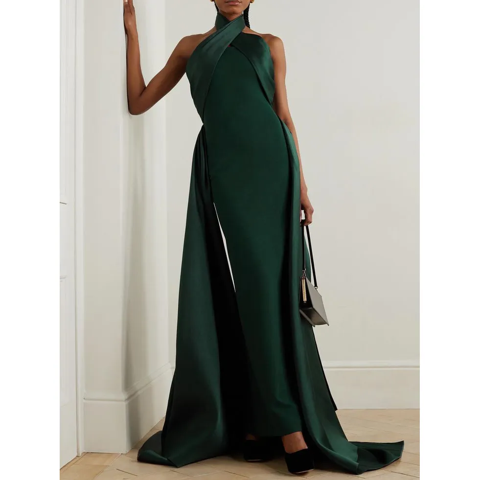Elegant Long Black Halter Neck Evening Dresses With Side Train Sheath Satin Ankle Length Prom Dress Party Dresses With Puff Sleeves For Women From 63 78 DHgate