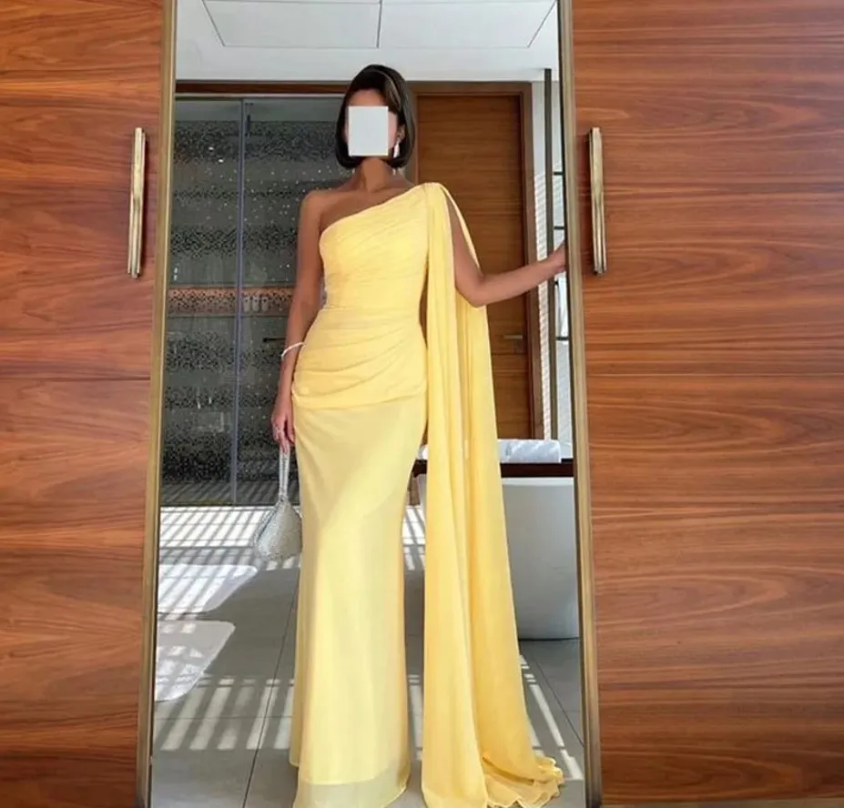 DHgate Yellow Chiffon One Shoulder Pleated Long Shawl Prom Dress for Formal Parties Wedding Party Events