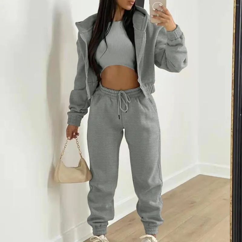 2024 Fashion Women s 3 Piece Pant Set Long Sleeve Zip Hoodies Ribbed Tank High Waist Sweatpants