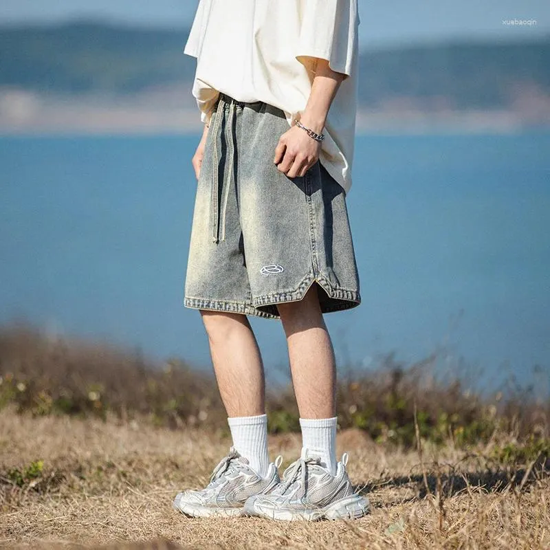 Vintage Wash Denim Sweat Shorts Plus Size Baggy Jean Pants for Men