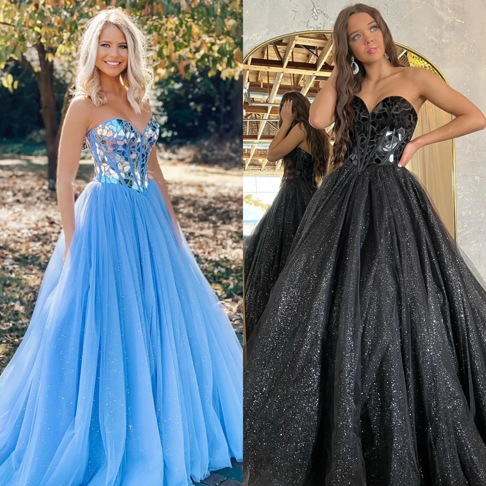 Sparkling Glitter Tulle black prom gown with Glass...