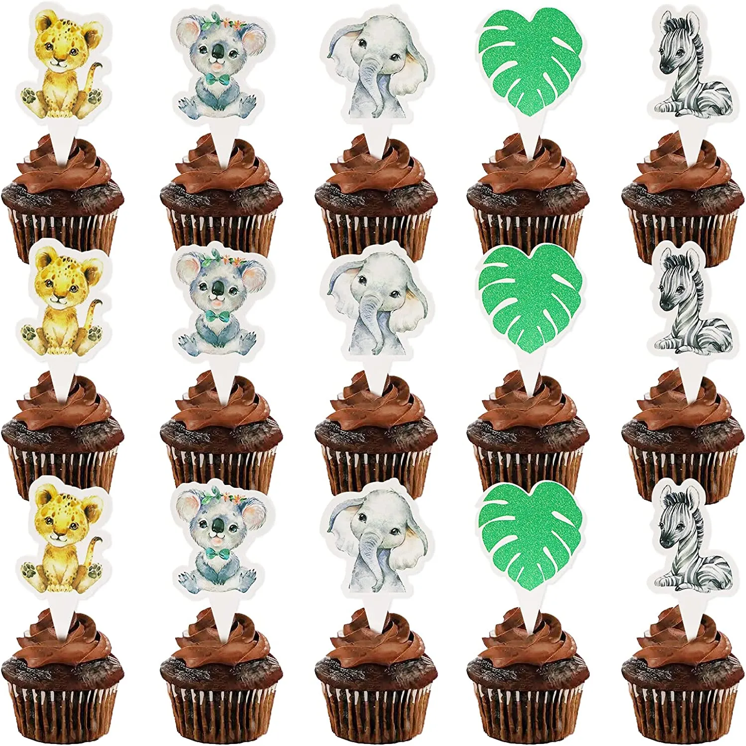 Cheereveal Jungle Animal Cake Decorations - Safari Theme Cake Toppers With Leaves & Ball Picks For Girls' Birthday Parties