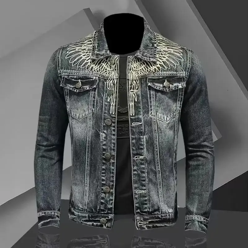 Mens Retro Denim Jacket | Embroidered Lapel Motorcycle Style