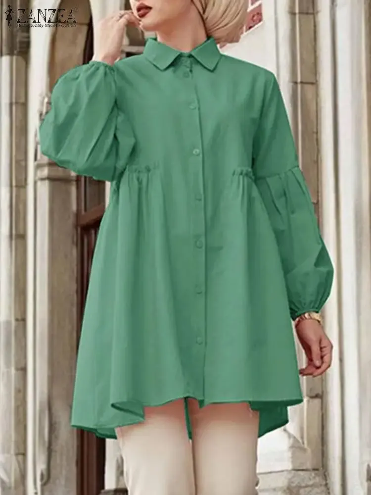 ZANZEA Turkish Long Sleeve Blouse with Lapel Neck and Ruffles for
