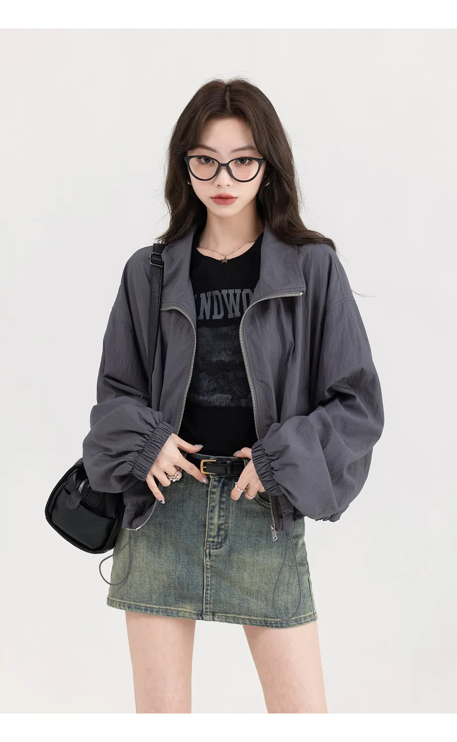 Korean Windbreaker Jacket Women Loose Fit Dark Grey Polyester Zip