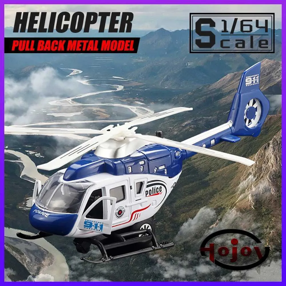 Flygplan Modle Scale 1/64 Polis Rescue Helicopter Die Cast Eloy Car Model Lämplig för barns leksakbilsljud och lätt drar tillbaka S2452089