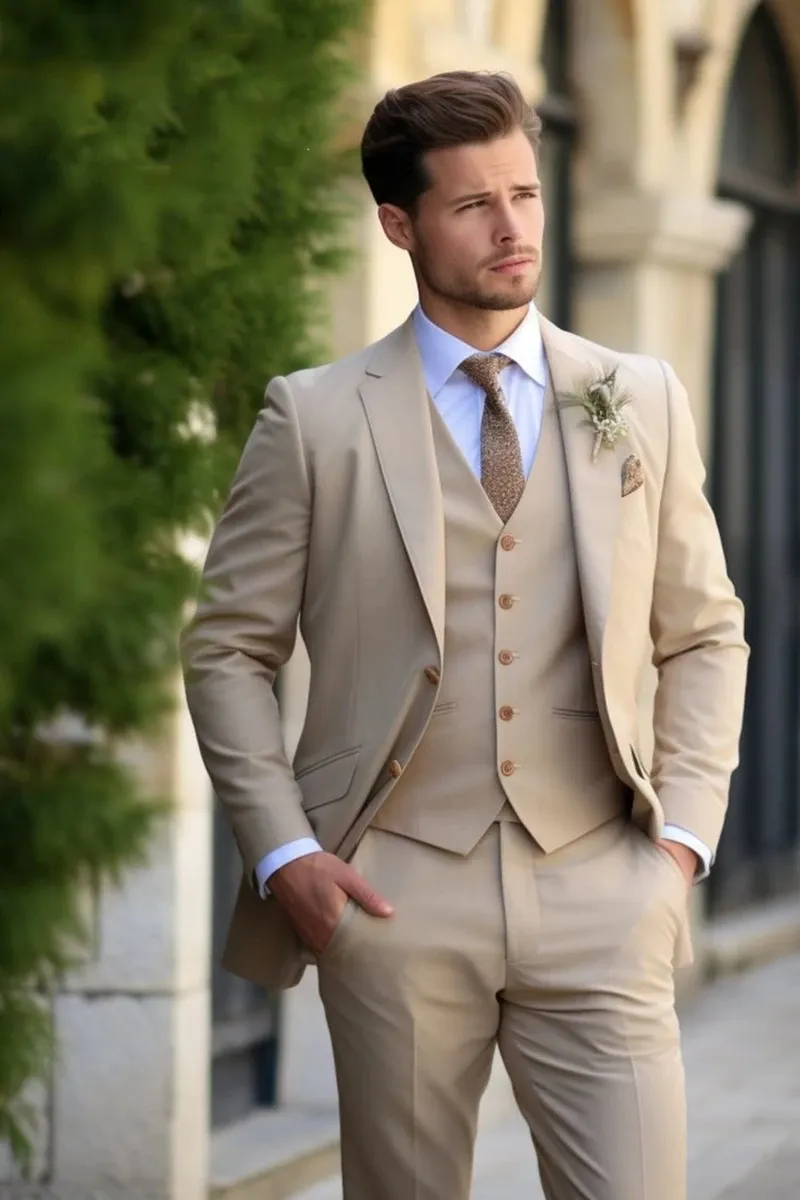 Beige tuxedo wedding on sale