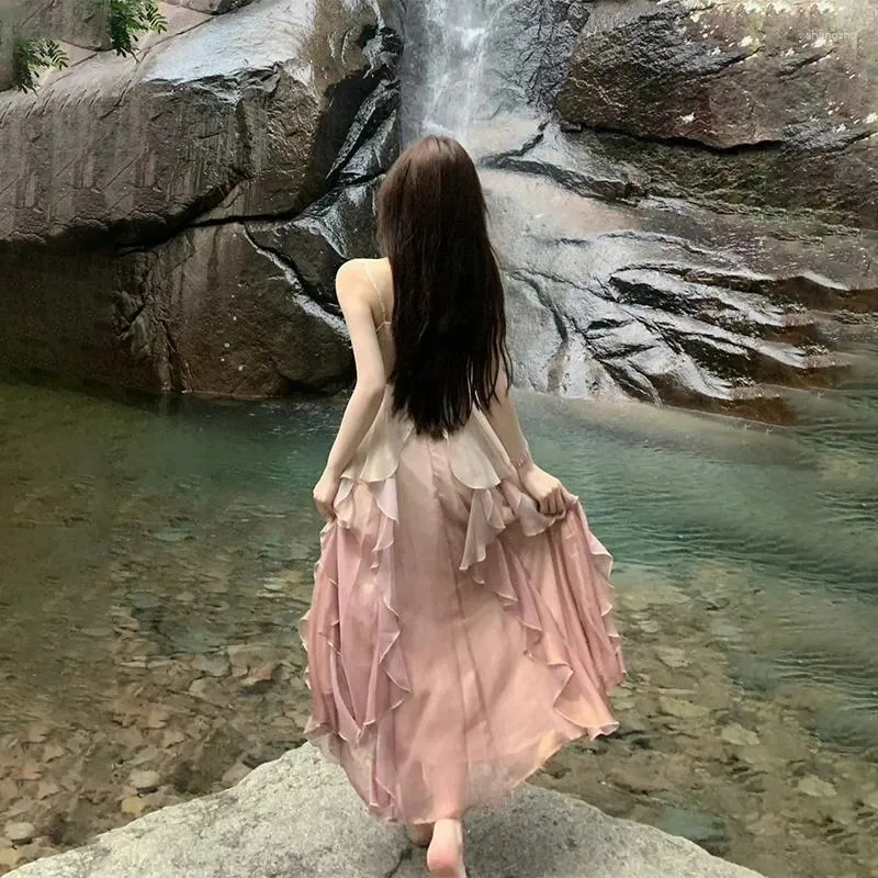 Casual Dresses Summer Pure Waist Collection Chiffon Tie Dye Lotus Edge Fairy  Dress with Hanging Strap from Dhgate Basic & Casual Dresses - price 68.11