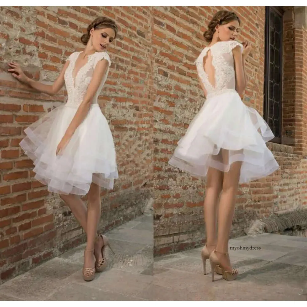 DHgate.com:White Lace Short Wedding Dress with Cap Sleeves