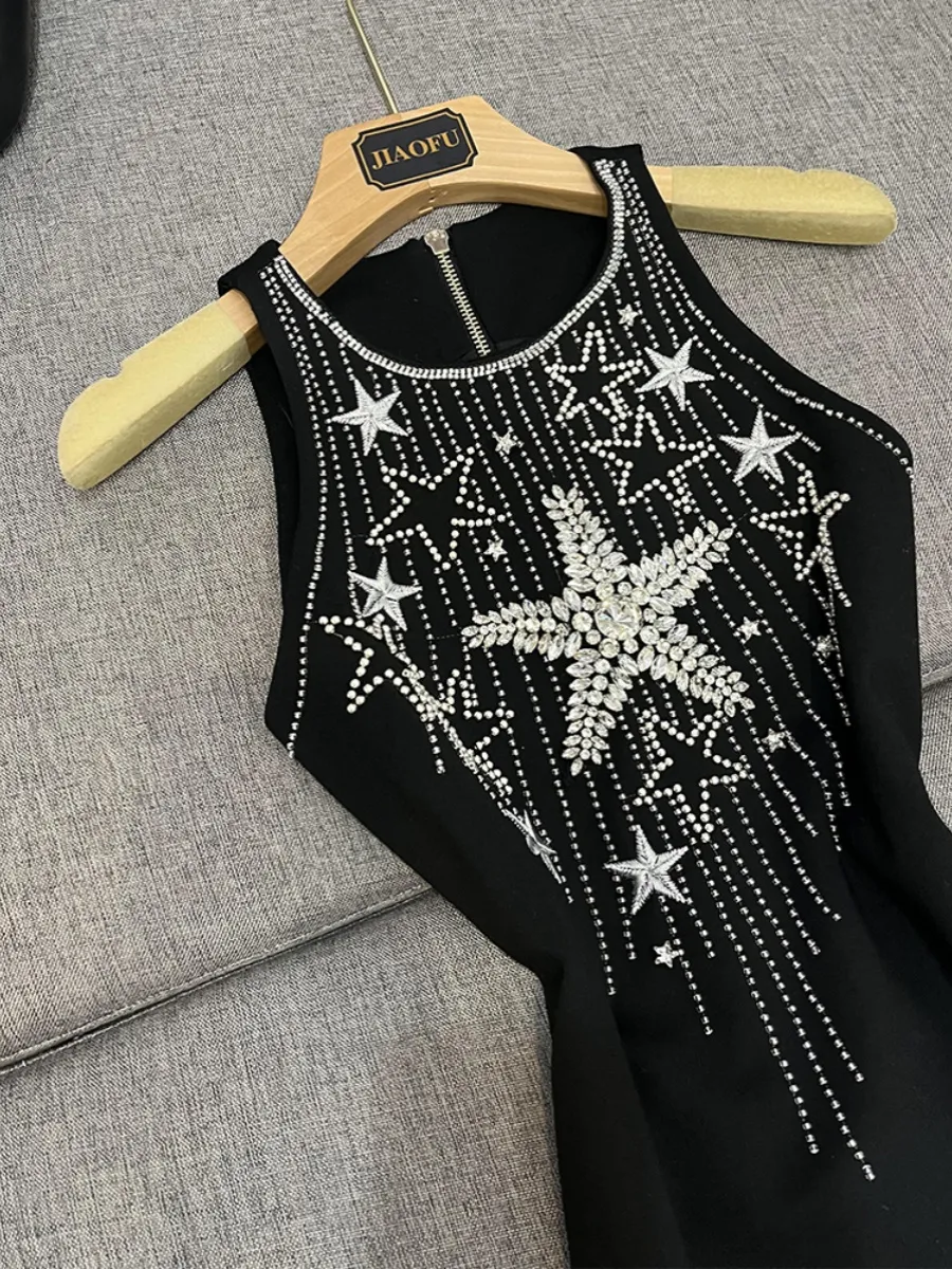 Summer Black Star Beaded Knitted Sleeveless Round Neck Rhinestone Mesh Dress  from Dhgate Basic & Casual Dresses - price 71.74
