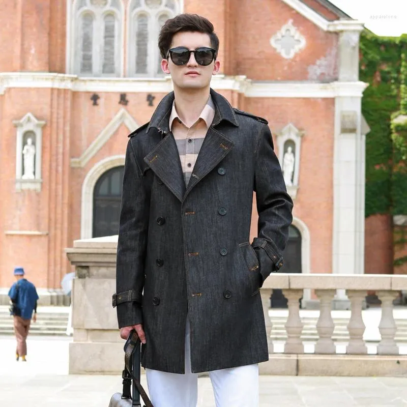 Mens Denim Trench Coat Medium Long Double Breasted Thickened Warm