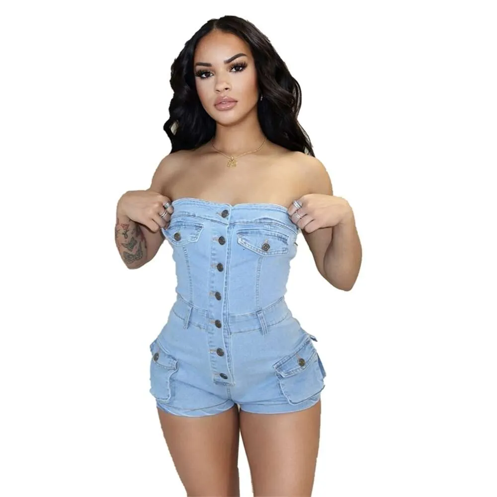 DHgate Strapless Denim Romper Jumpsuits Shorts 2024 Summer Women Designer Wear Apparel