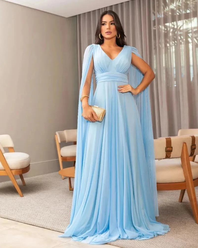 V-Neck Light Blue Chiffon Floor-Length A-Line Party Dress with Hooded  Collar and Short Flutter Sleeves for Prom from Dhgate Urban Sexy Dresses -  price 90.78