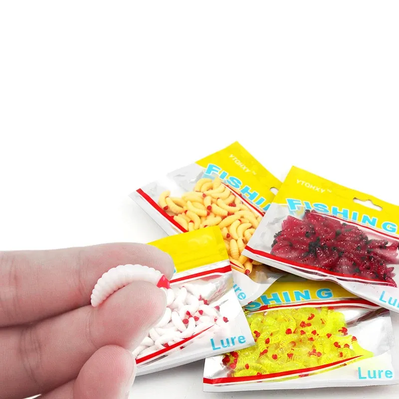 100/500pc 20mm 0.4g Fishing Lifelike Maggot Worm Fluorescent Light Soft  Silicone Bait with Fishy Smell Additive for Bass Carp
