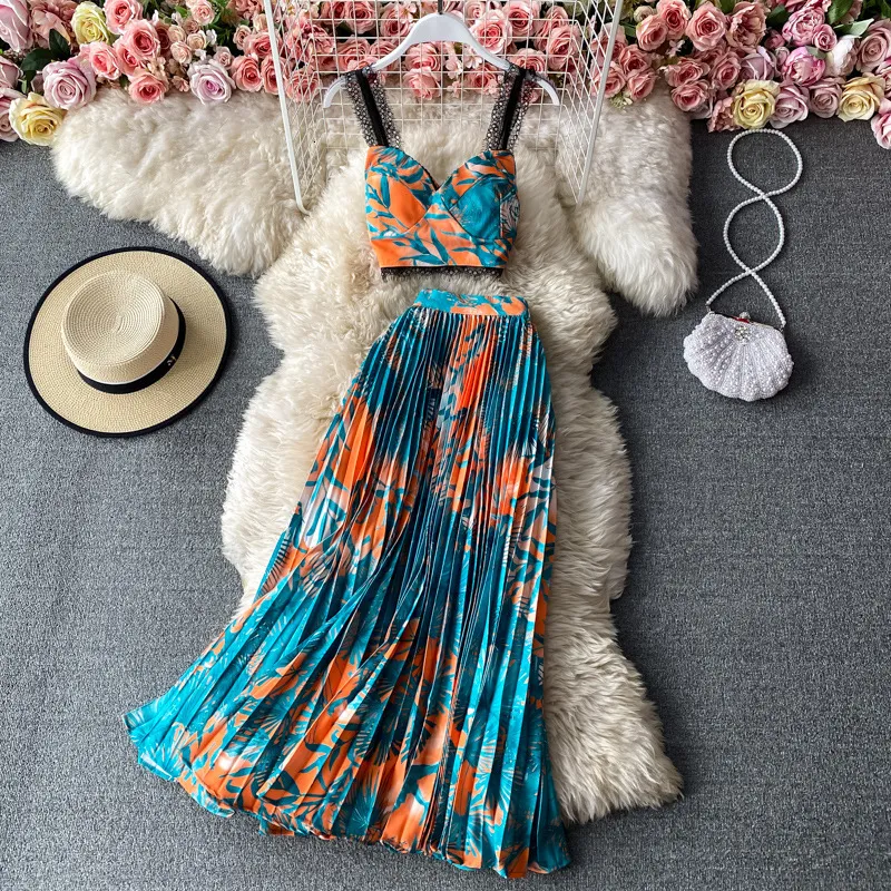 Bohemian Floral Printed Vacation Dress Set With Short Cup Padded Lace Stitching And High Waisted Pleated Maxi Skirt For Women Perfect For Summer Style 230209 From Dou04 20.38 DHgate.Com