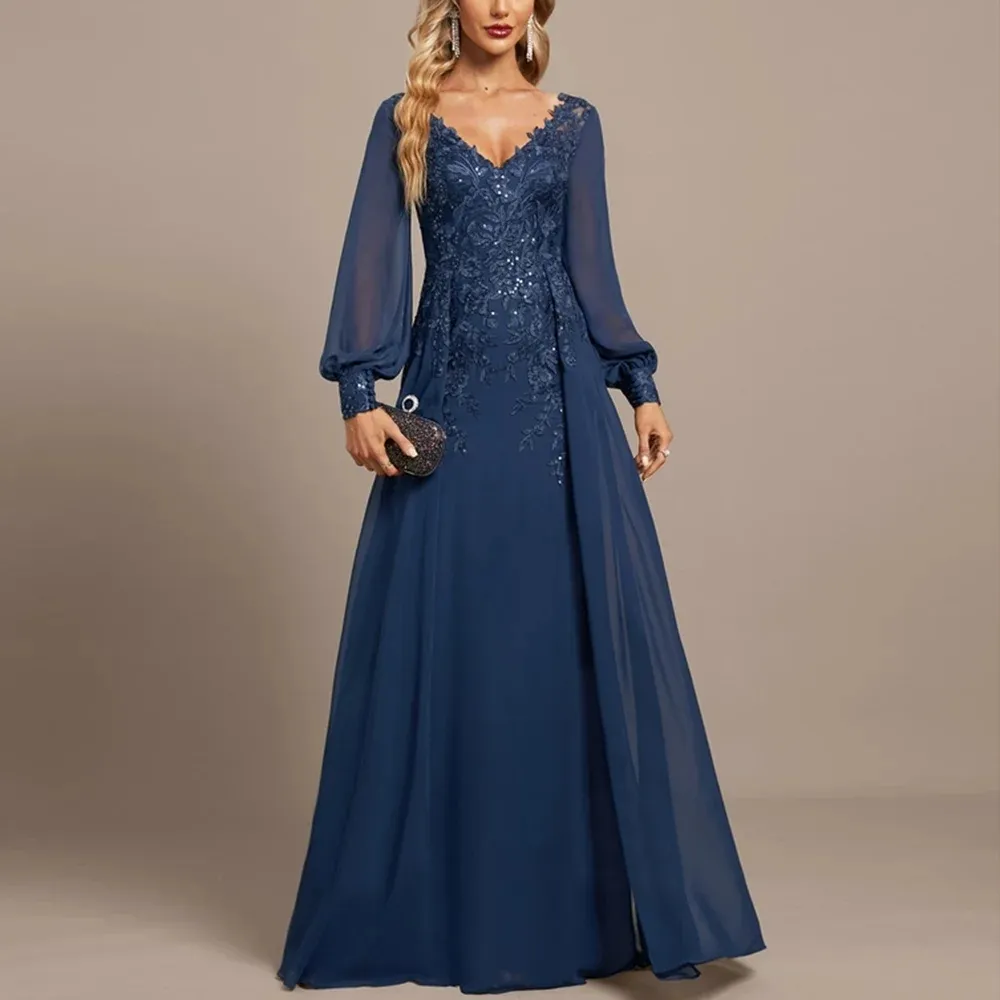 Navy Blue Mother of the Bride Dress V-Neck A-Line Full Sleeve Sequined Lace  Appliques Chiffon Formal Gown from Dhgate Mother's Dresses - price 105.53