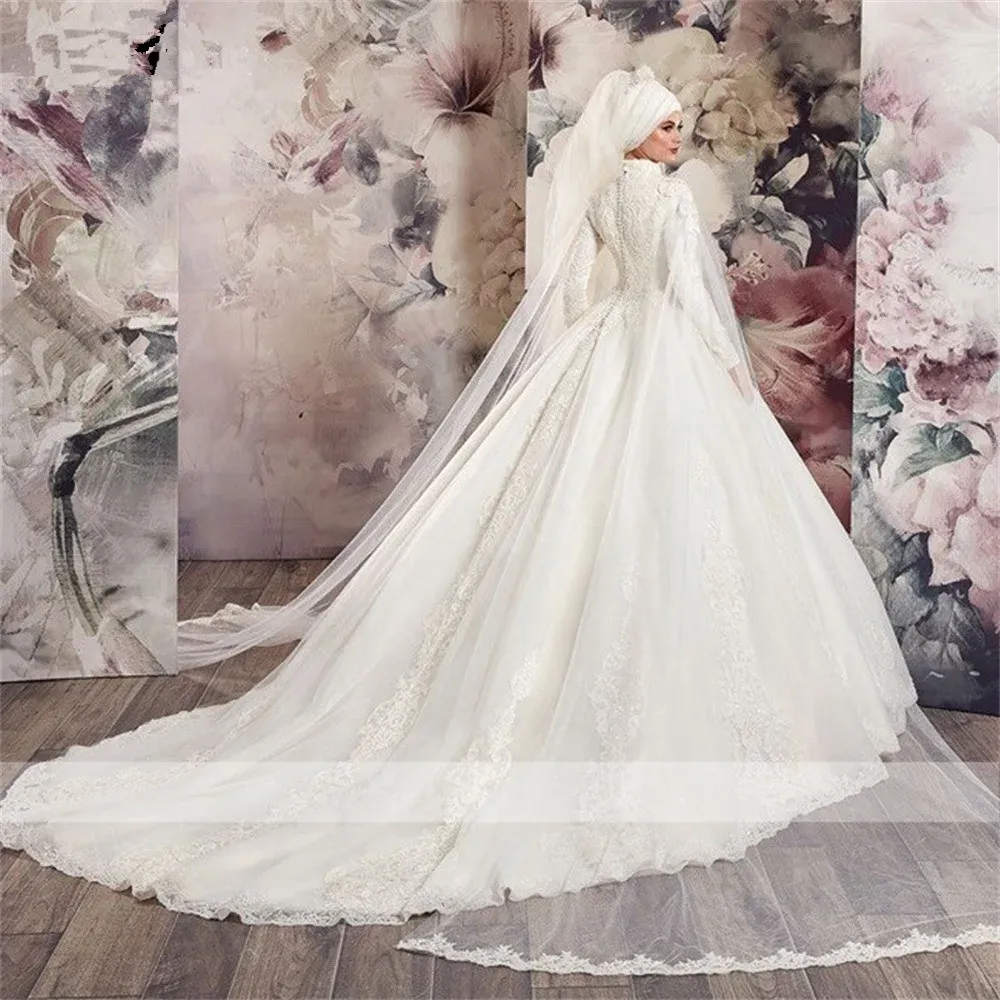 Luxury Muslim Wedding Dresses High Neck Long Sleeve Tulle Lace Applique ...