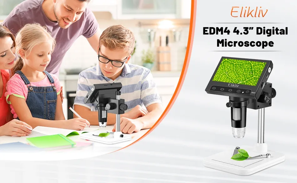 Elikliv EDM4 Digital Microscope 1000X Zoom, 4.3" LCD Screen, 2MP Pixels, 8 LED Lights - Seller Refurbished (Excellent Condition)