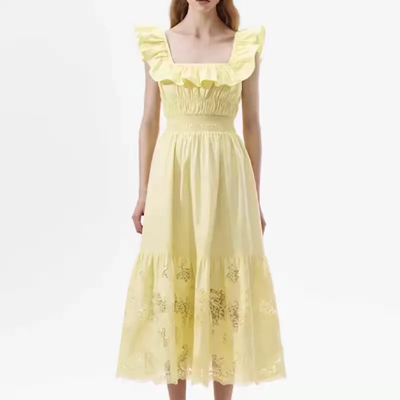 Self Portrait Ruffle Collar Cream Yellow Cotton Lace Embroidered Open Back Long  Dress from Dhgate Basic & Casual Dresses - price 90.61