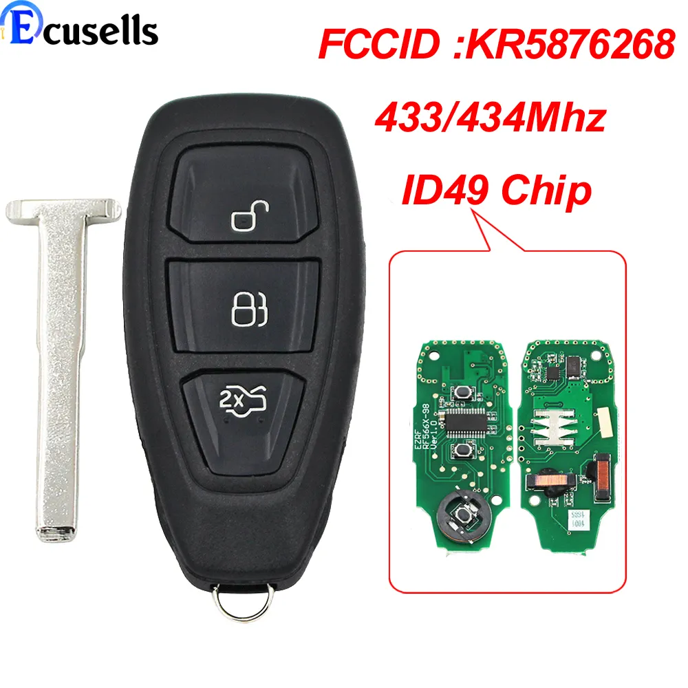 433MHz 3 Button Remote Car Key Fob ID83 Chip For Ford Focus, Mondeo, Fiesta, Kuga - Uncut Blade (KR55WK48801 Style)