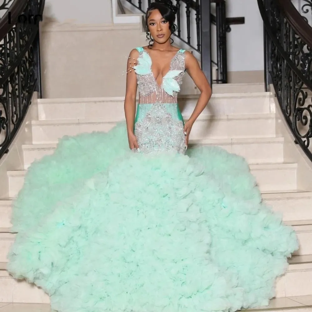 Mint Green Ruffled Mermaid Mermaid Green prom dress with Beaded Rhie for Black Girls - 2024 Birthday Party Gala Gown