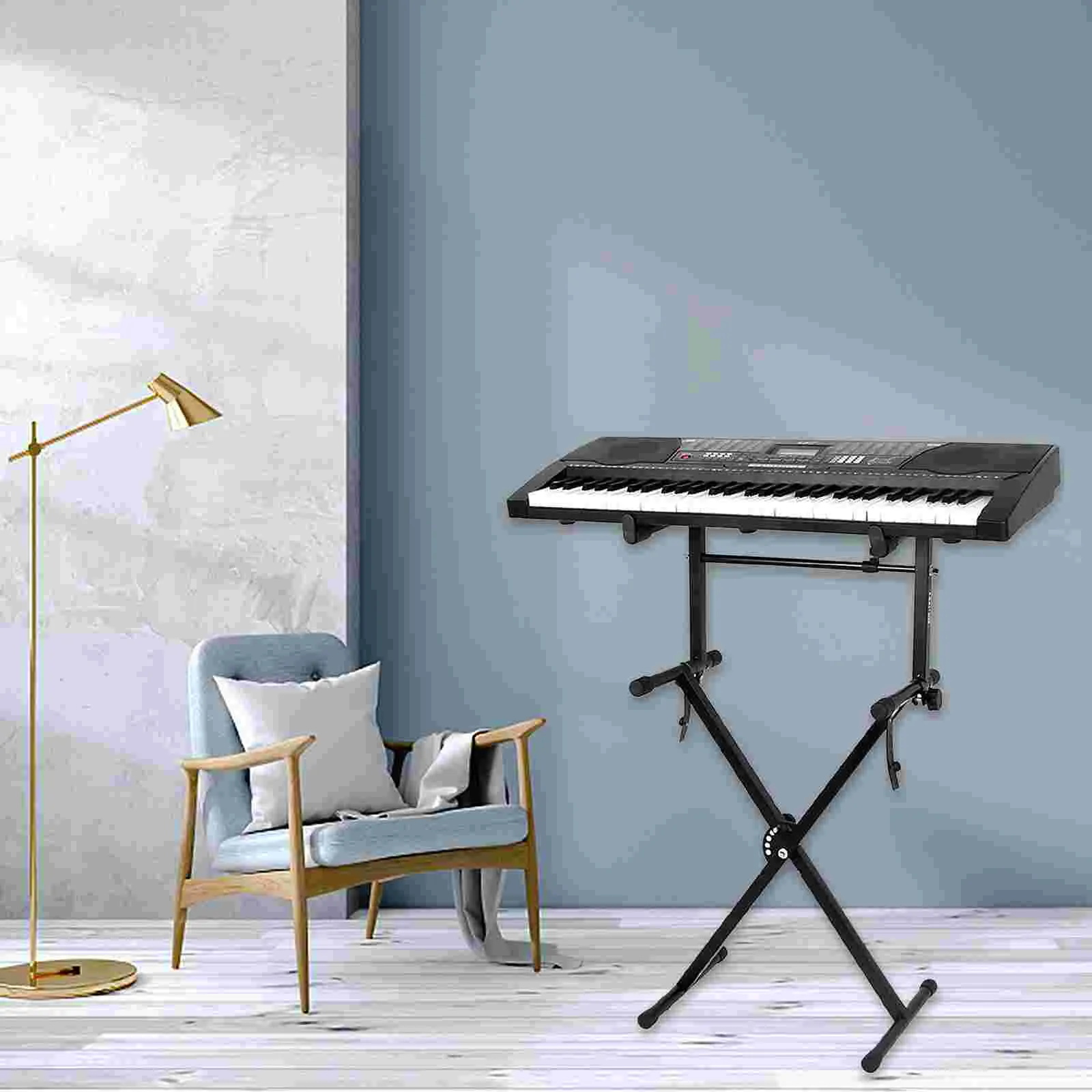 Portable Electric Keyboard Stand with Dual Tier Rack Adjustable Heavy Duty Table and Folding Stool