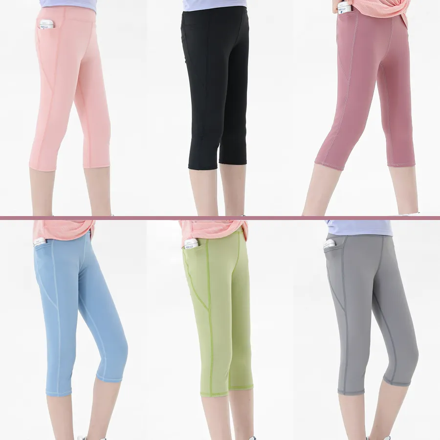 Sheecute Girls High Waisted Yoga Leggings 4 Way Stretch Calf Length with Pockets for Kids Athletics Running GYM1539