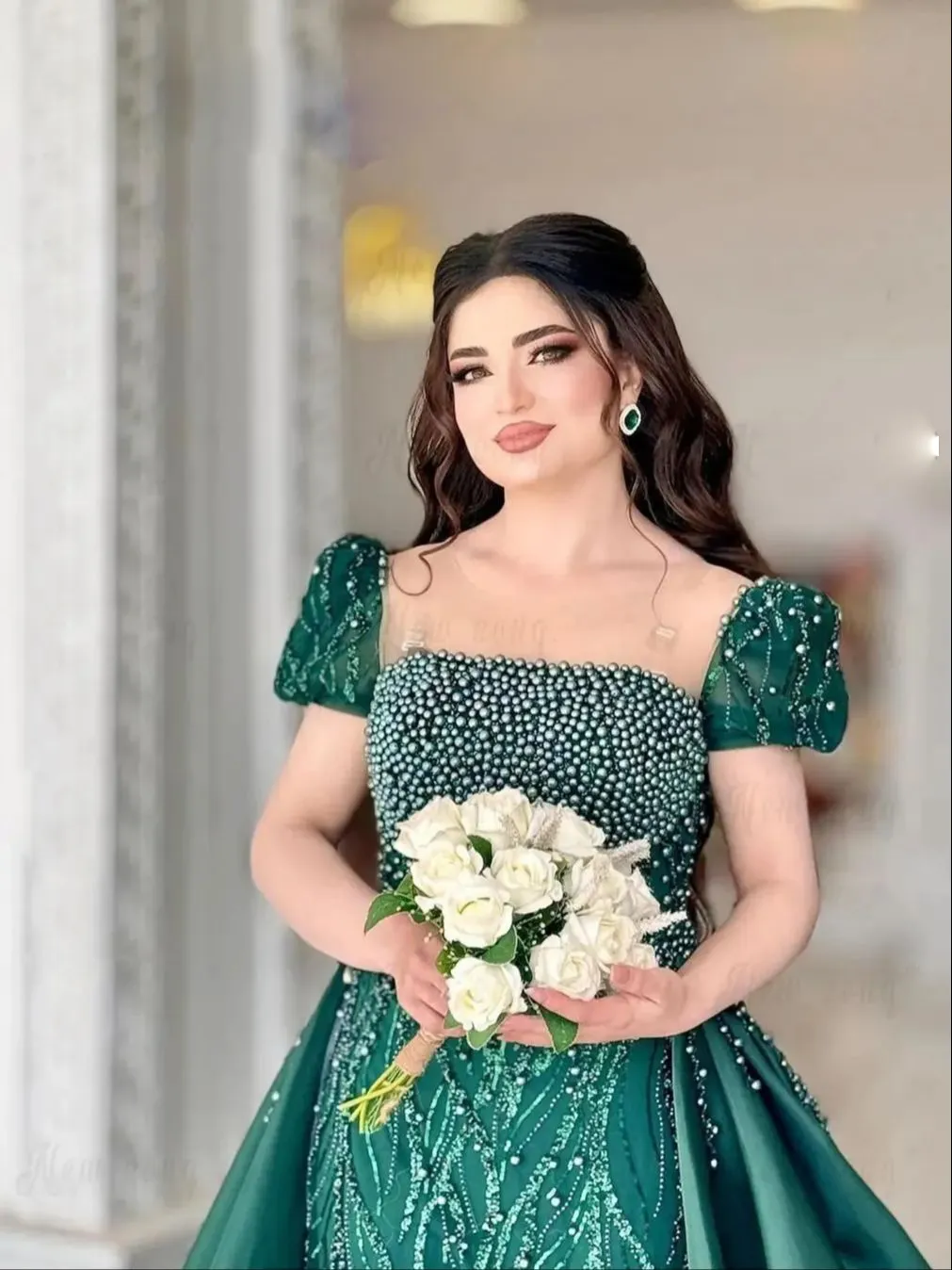 Emerald Green Two-Piece Evening Dress with Detachable Train Sheer Neck  Short Sleeve Sequin Formal Dress from Dhgate Evening Dresses - price 173.67