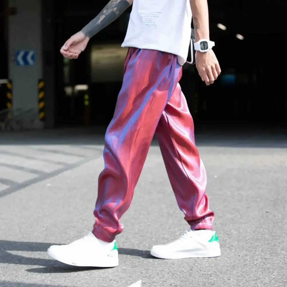 Men s Sweatpants Ice Silk Hip Hop Bright Surface Colored Haren Loose Drawstring Elastic Waist Cargo Pants