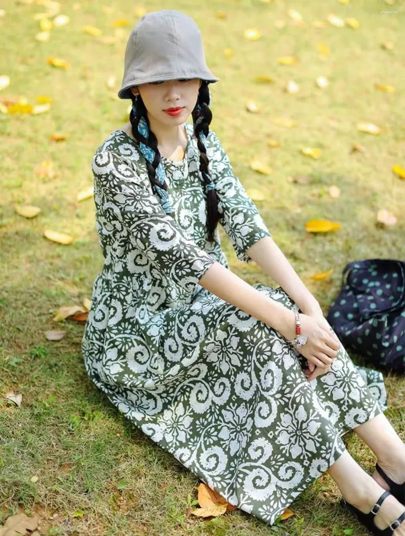 Casual Dresses National Style Women s Dress Vintage Cotton Linen O Neck Three Quarter Long Fashion Green Pullover Summer