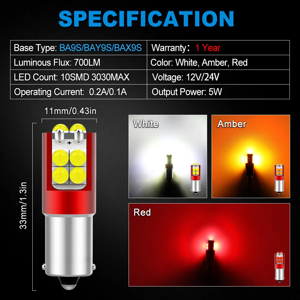 2 X White 10 SMD LED Bulbs - BAY9S H21W 12V For Car Indicator Turn Corner Lights