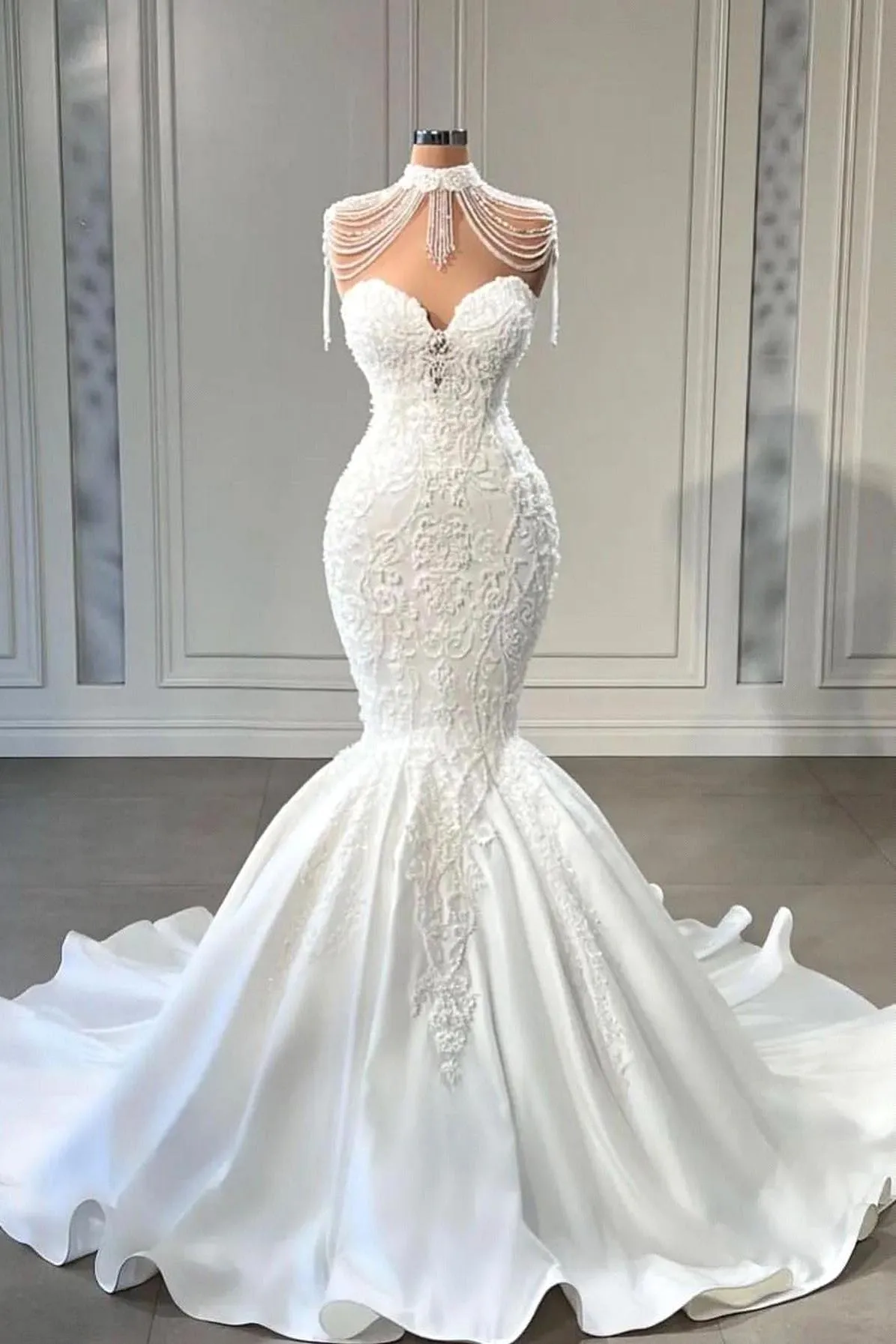 Save Big on Bulk Bridal Mermaid Gowns High Neck Mermaid Wedding Dresses  Princess Lace Crystal Luxury Satin Elegant Appliques Sleeveless Bridal  Gowns